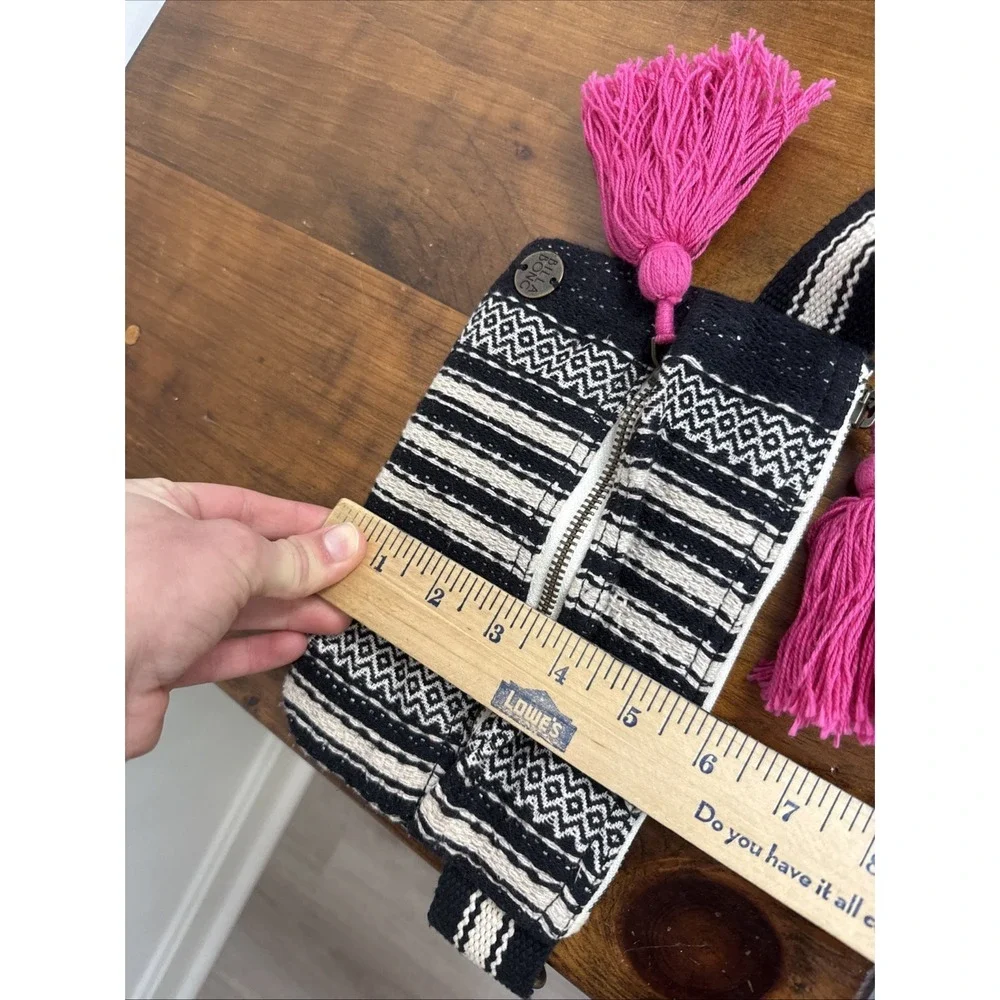 Billabong Fiesta Fanny Pack Purse Black White Geometric Woven Pink Tassels Boho